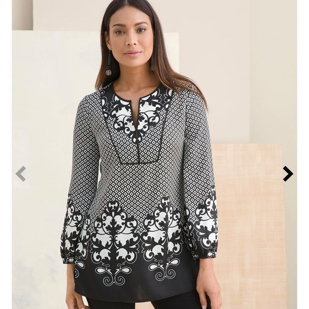 Chico’s Geometric Print Black & White Tunic Top Womens Size XL